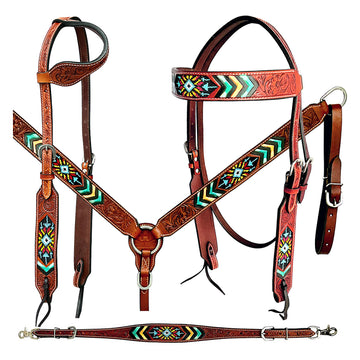 Bar H Equine American Leather Horse Saddle Tack One Ear Headstall | Breast Collar Browband Wither Strap Set BER262